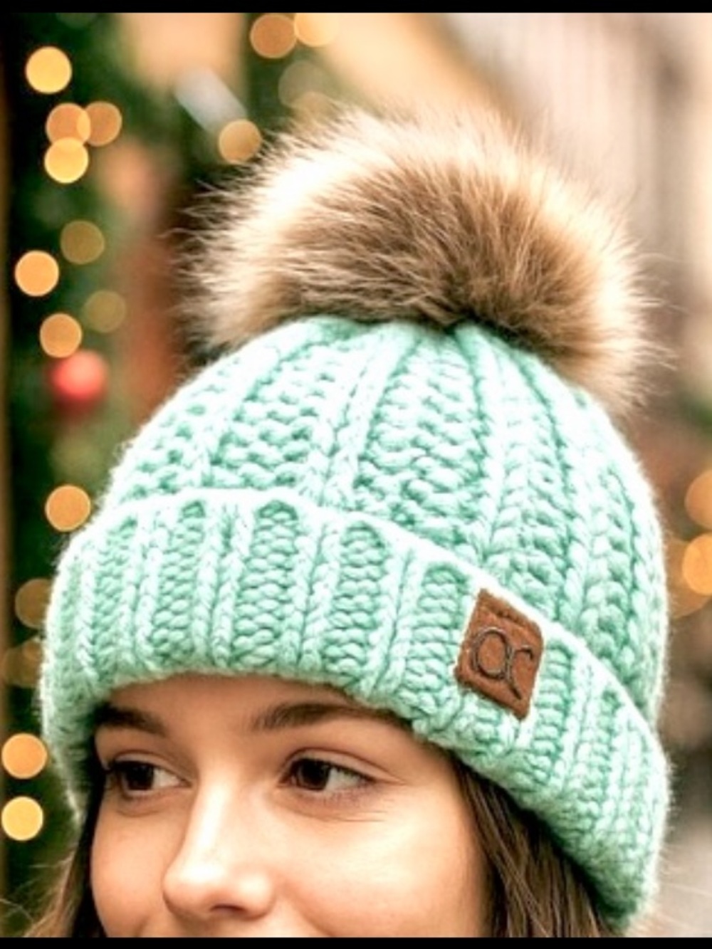 CC Boutique Mint Green Knit Pom Pom Beanie